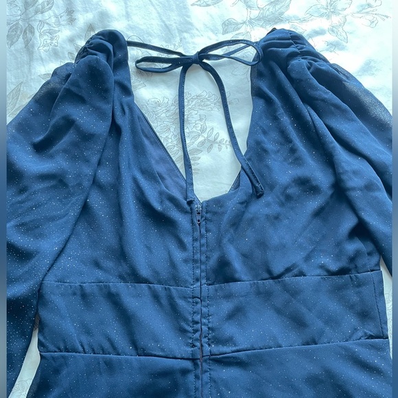 Y2K Navy Glitter Pintuck Babydoll Sheer Puff Sleeve Mini Dress 6 Hoco Prom Dance - Picture 3 of 9